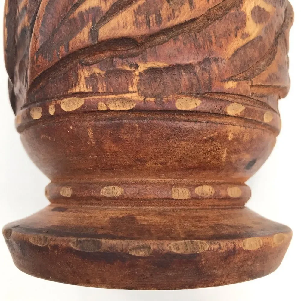 Wood Hand Carved Brown Turned Pedestal  Vase